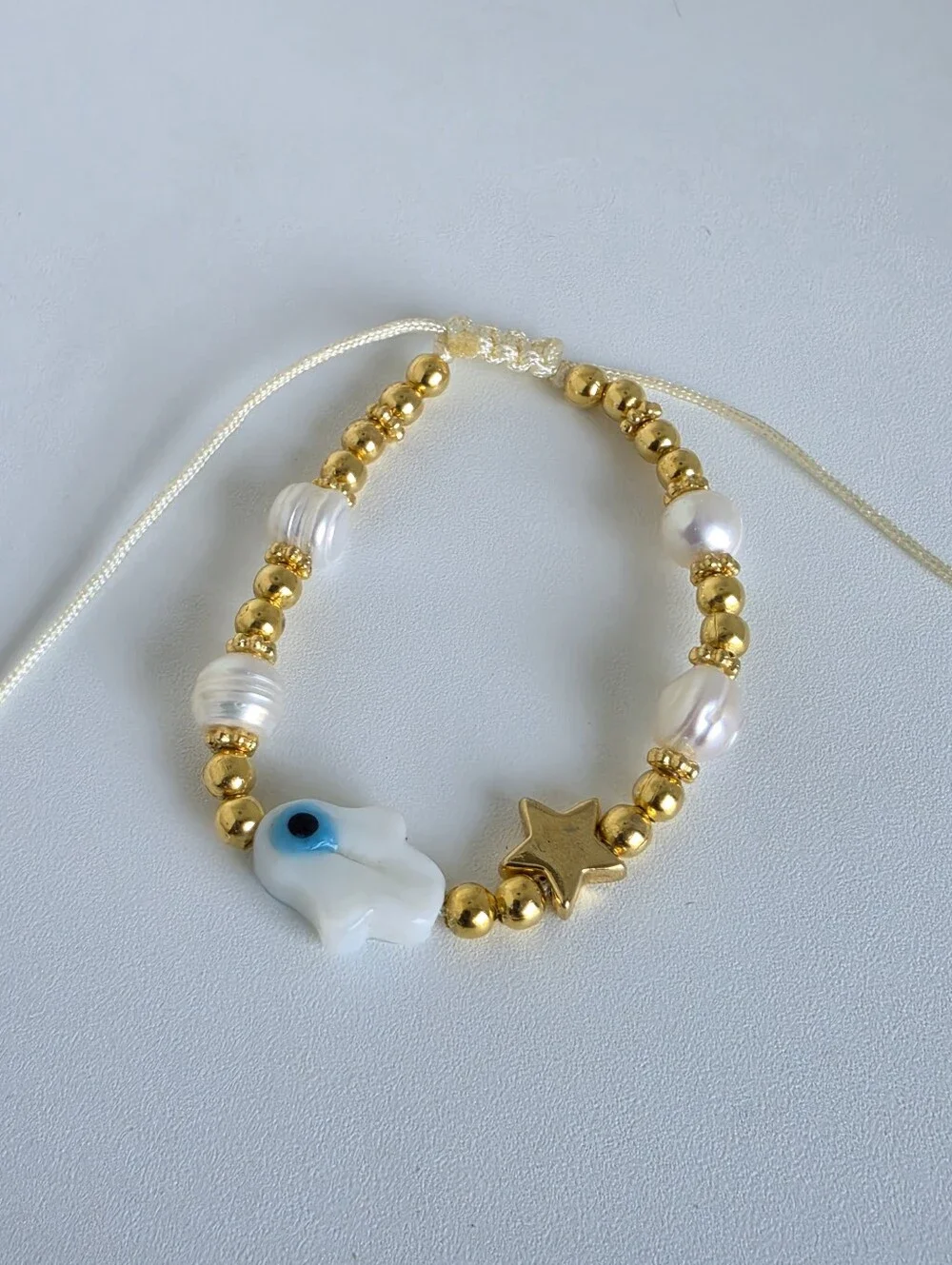 Handmade Hamsa Evil Eye Pearl Adjustable Bracelet Gold Beaded Boho Protection